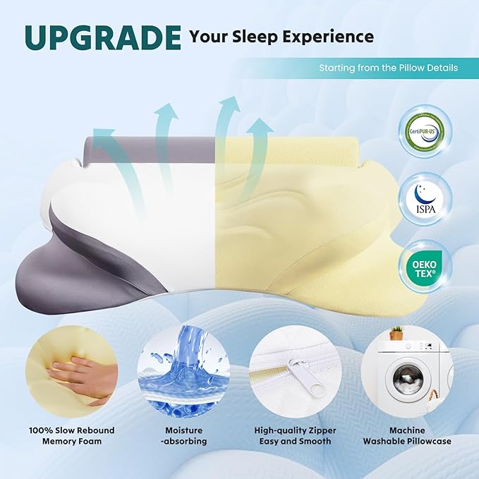 Sweetcrispy Cervical Neck Pillow - Contour Memory Foam Pillow for Neck Pain Relief with Cooling Pillowcase, Ergonomic Orthopedic Support for Side Back Stomach Sleepers, White & Grey