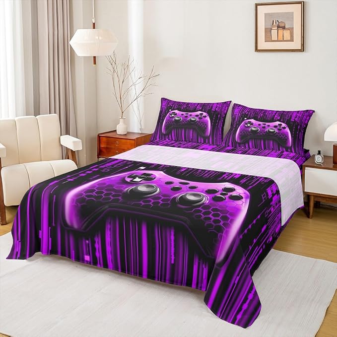 3D Games Gamepad Kids Sheet Queen Size,Modern Videogaming Gamer Controller Bedding Set,Boys Girls Room Decor,Geometric Neon Lights Fashion Purple Bed Sheet Set 4pcs(Fitted + Flat + 2 Pillowcases)