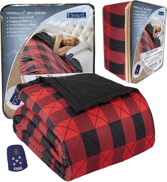 Thermee Micro Flannel Heated Blanket - Twin Size, 10 Settings, Rapid Heating, Rustic Check