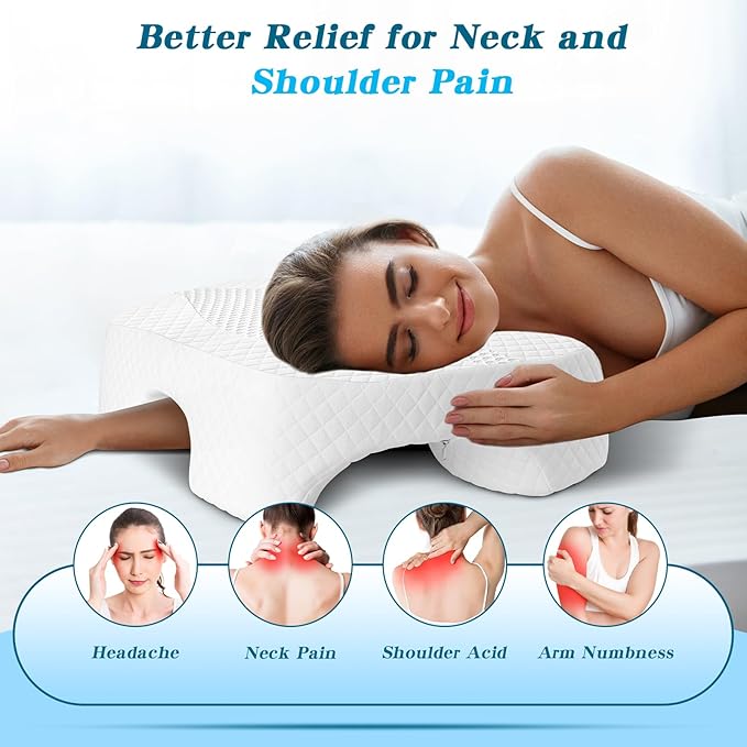 Side Sleeper Pillow with Arm Hole, Shoulder Relief System, Arm Pillow for Neck and Shoulder Pain, Premium Memory Foam, Suitable for Side, Back and Stomach Sleepers - White