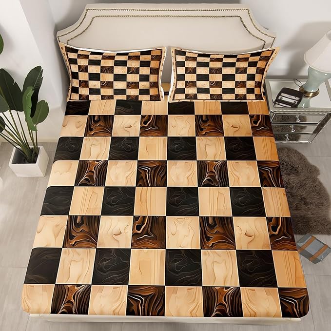 Manfei International Chess Bed Sheet Queen Set,Vintage Sport Game Brown Chess Checkerboard Sheet Sets Adults Bedroom,Geometric Wooden Print Plaids Grids Bedding Set with Flat,Fitted Sheet,2 Pillows