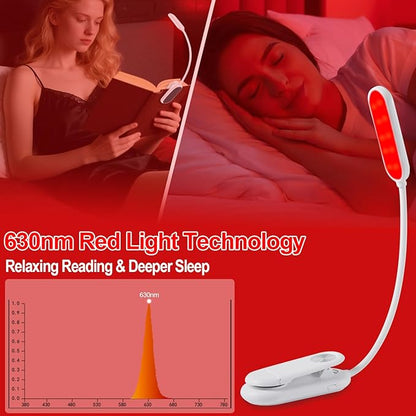630nm Red Book Light [1 Pack] - Zero Blue Light, Rechargeable Clip On Red Reading Light Lamp for Reading at Night - Poratble Dimmable LED Book Lamp, Perfect for Lovers Travel Studying Nursing