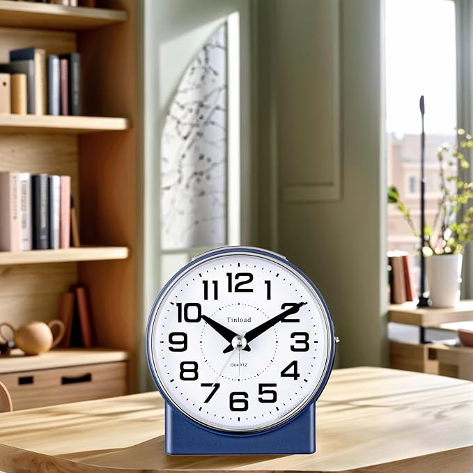4.3" No Ticking Analog Alarm Clock,Silent Readable for Seniors,Easy to Set,Gradual Rise Alarm,Big Numbers,On/Off Switch on Side,Gentle Wake,Snooze,Lighted on Demand,Battery Operated,Blue