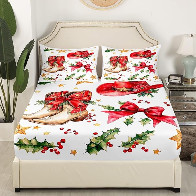 Western Cowgirl Fitted Sheet Full Size 3 Pcs,Red Bowknot Tribal Boots Cap Texas Star Collections(No Flat Sheet),Christmas Poinsettia Leaves Princess Bow Bedding Deep Pocket for Kids