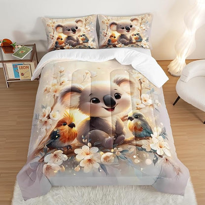 Kawaii Koala Bedding Set,Cartoon Koala Parrot Floral Pattern Queen Size Bed Set for Kids Girls Boys Room Decor,Cute Beddings with 2 Pillowcases.