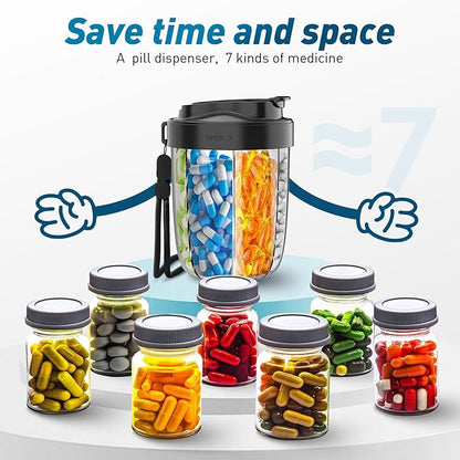Large Pill Organizer with 7 Large Compartments - Portable Pill Dispenser for Travel, Anti-Mix Design & Wide Opening Design, Easy Access to Vitamin Dispenser, Includes 20 Blank Stickers (Black)