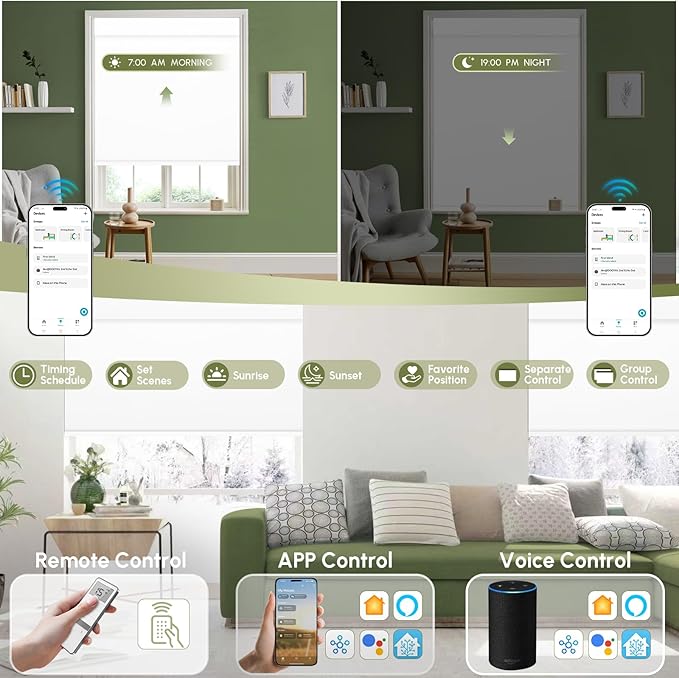 FineTell Motorized Blinds with Remote, 100% Blackout Roller Shades Compatible with Alexa,Apple Homekit,Google Home APP and Voice Control, Customized Electric Blinds (100% Blackout Vinyl White)