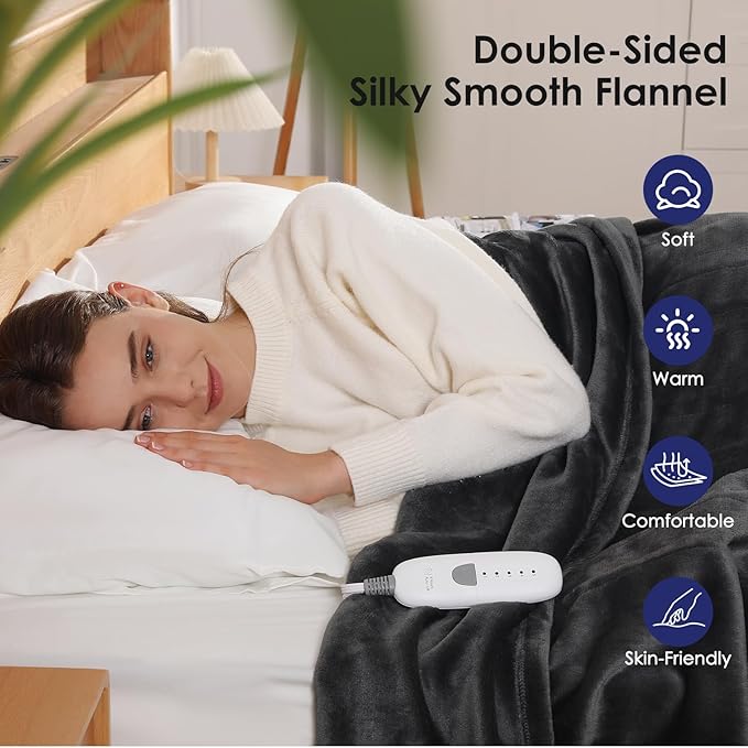 Heated Blankets King Size Electric Blankets 100''X90'', Soft Plush Flannel with Dual Controllers, 5 Heating Level & 10 Hour Auto Off, ETL Certified & Machine Washable, Gifts for Grandma(Charcoal Grey)