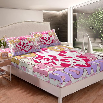 Western Ghost Bedding Set Twin Size Tribal Cowgirl Hat Cute Ghost Halloween Bed Set for Teens Kids Sheet Rustic Pink Cowhide Kawaii Cow Fur Print Bed Cover(1 Fitted Sheet+1 Pillow Case)