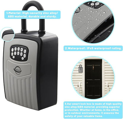 Smart Bluetooth Key Lock Box,Remote Access via App/Code,Resettable 6-Digit Combination,Large Capacity for 5 Keys,Wall-Mounted,No WiFi Needed,Grey(with Shackle)