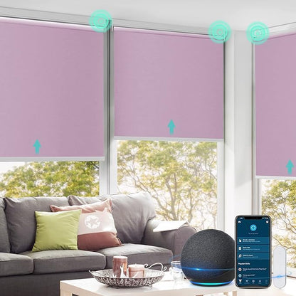 Allesin Motorized Roller Shade Work with Alexa for Window, 100% Blackout Smart Shades Cordless with Remote Control, Electric Automated Blinds for Window, Customized Size for Smart Home (Light Purple)