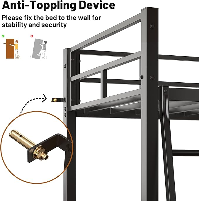 Loft Bed Twin Size, Bunk Bed with Desk, Shelves and Monitor Stand, Heavy Duty Metal Twin Loft Bed with Charging Station, Safety Guard & Ladder, Space-Saving, No Box Spring Needed