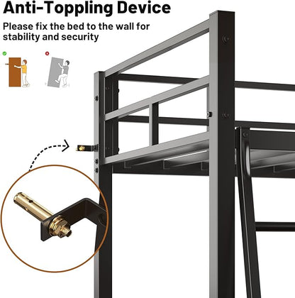 Loft Bed Twin Size, Bunk Bed with Desk, Shelves and Monitor Stand, Heavy Duty Metal Twin Loft Bed with Charging Station, Safety Guard & Ladder, Space-Saving, No Box Spring Needed