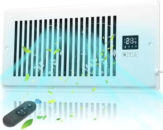 Xcity Quiet Register Booster Fan, Intelligent 6"x12" Vents, 10-speed, Air Vent Fan with Remote Control & Thermostat, Smart LED Display Ideal for HVAC, Integrated Heating & Cooling, White