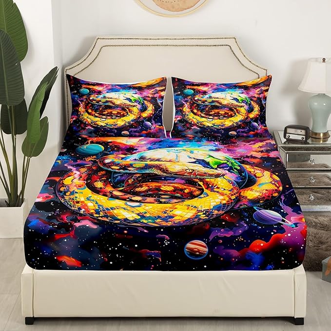 Snake Fitted Sheet Queen Size,Starry Sky Galaxy Nebula Planet Trippy Bedding Set,Boys Girls Room Decor,Reptile Animals Outer Space Universe Bed Cover,Purple Fashion Bed Sheet,2 Pillowcases