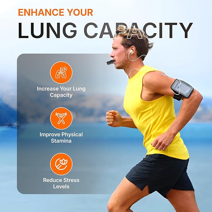 Portable Compact Lung Trainer Exercise Device with High Grade Silicone, Breathing Exercise Device for Lungs, Portable Muscle Trainer, Easy to Clean, Neck Strap Included, (Gray-1)