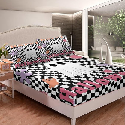 Happy Halloween Bedding Set Full Size,Geometric Black White Plaids Patchwork Fitted Sheet,Cartoon Ghost Bat Spider Graffiti Sheet Set for Kids Teens Adults Bedroom Decor,2 Pillowcases