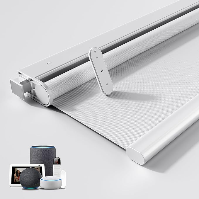 Grandekor No Drill Motorized Blinds with Remote 100% Blackout, Automatic Smart Roller Shade Cordless,White 46x72 Compatible with Alexa, Type-C Charging
