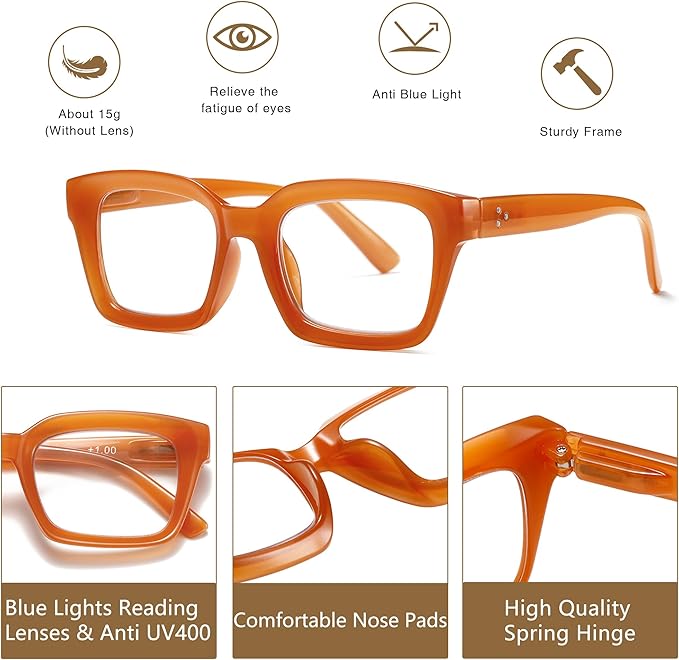 Readers for Women Oprah Style Square Reading Glasses with Spring Hinge Blue Light Blocking for Men Ladies