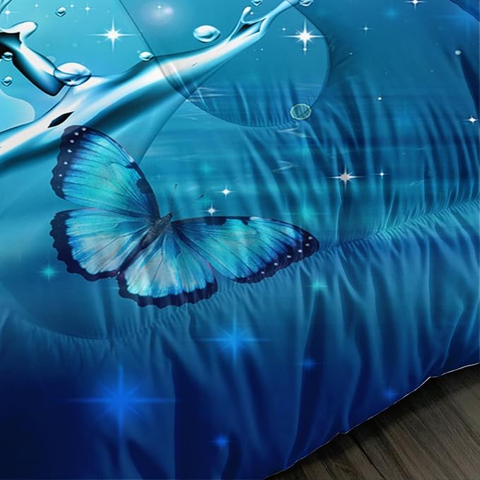 Fantasy Blue Butterfly Comforter Set Full Size,Butterflies on Water Flash Bedding Sets 3 Pieces,Blue Series Aesthetic Bedding for Kids Girls Boys Room Decor with 2 Pillowcases.