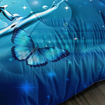 Fantasy Blue Butterfly Comforter Set Queen Size,Butterflies on Water Flash Bedding Sets 3 Pieces,Blue Series Aesthetic Bedding for Kids Girls Boys Room Decor with 2 Pillowcases.