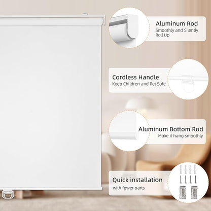ChrisDowa Cordless Blackout Roller Shades for Windows, Thermal Insulated UV Protection Pull Down Shades, Total Blackout Window Blinds for Home, Office, Bedroom, Door (30" W x 72" H, White)