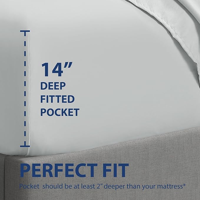 Cathay Home Full Fitted Sheet - Double Brushed Ultra Soft – Wrinkle & Fade Resistant - 14" Standard Pocket Fitted Sheet Only - Good Fit for 12"-16" Deep Mattress (Full, Light Gray)