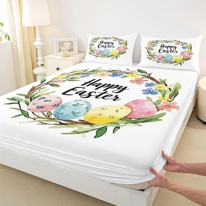 Easter Bed Sheet Full Size Easter Eggs Flowers Floral Bedding Set Farmhouse Spring Holiday Fitted Sheet Kids Boys Girls Room Decor White Colorful Soft Sheets with 2 Pillowcase,No Top Flat