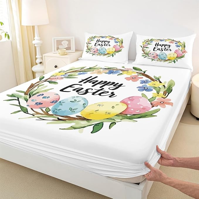 Easter Bed Sheet Queen Size Easter Eggs Flowers Floral Bedding Set Farmhouse Spring Holiday Fitted Sheet Kids Boys Girls Room Decor White Colorful Soft Sheets with 2 Pillowcase,No Top Flat