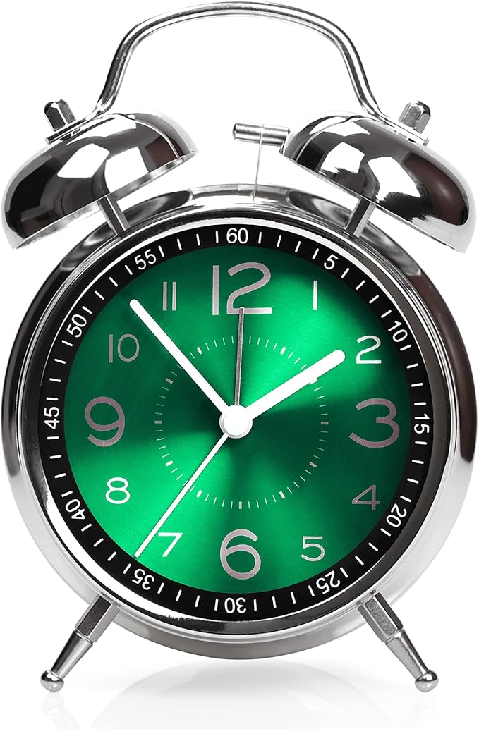 Super Loud Alarm Clock for Heavy Sleepers Adults,Twin Bell Retro 4 Inch Silent Non-Ticking Quartz with Backlight, Metal dial, Alarm Clocks for Bedrooms Bedside (Green)