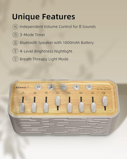 EZVALO White Noise Sleep Sound Machine, 255+ Mixer Options with Portable Speaker, Night Light, Sleep Timer, Breath Therapy, White Noise Machine for Adults Sleeping Meditation with Light