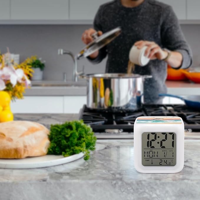 Ocean Waves Sunrise Digital Alarm Clock Color Change LED Digitals Clock with Battery Operated Modern Smart Alarm Clocks Wake Up Digital Clocks with 7 Color Nightlight for Bedroom