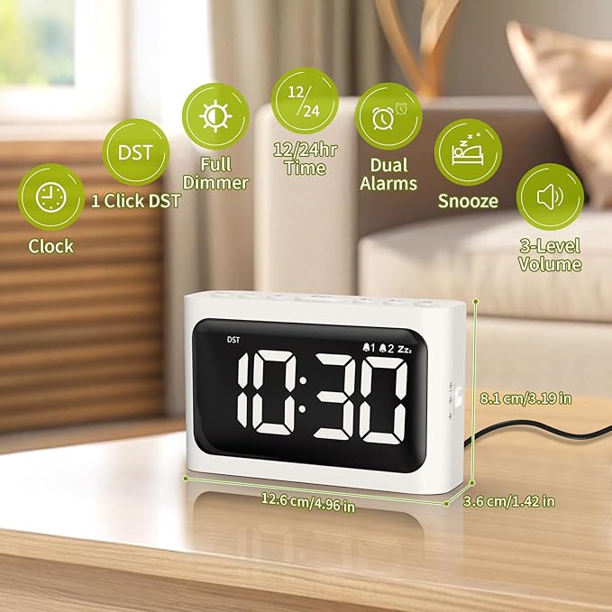 Digital Alarm Clock for Bedroom - Large 4.8" LED Display, Dual Alarm, 100% Dimmer, DST, Battery Backup, Simple Desk Clock for Bedside, Seniors, Kids, Teens