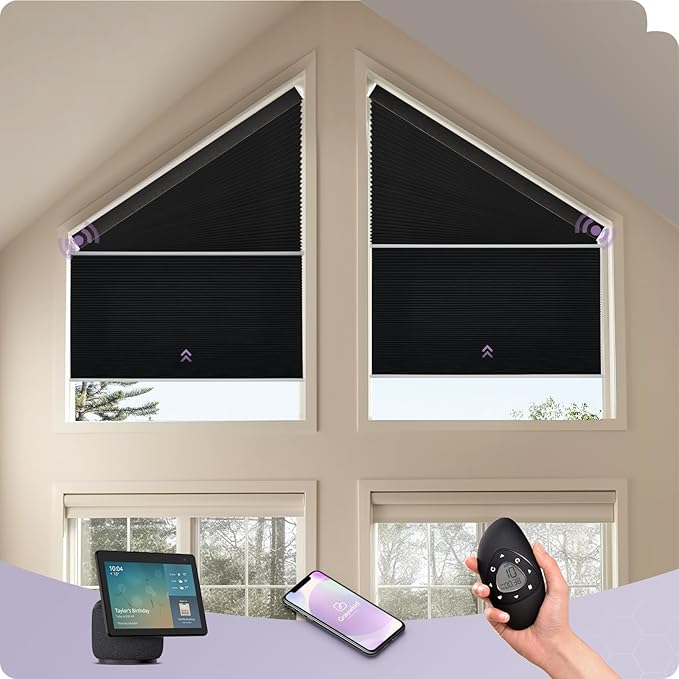 Graywind Smart Angled Blinds Compatible with Alexa Google Motorized Right Trapezoid Shades Solar Powered Customized for Odd-Shaped Window (Blackout Black)