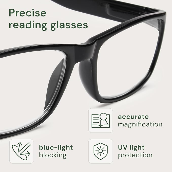 Gaoye 2-Pack of Reading Glasses +1.25 - Blue-Light Filter, UV Protection - Readers with Rectangle Frames