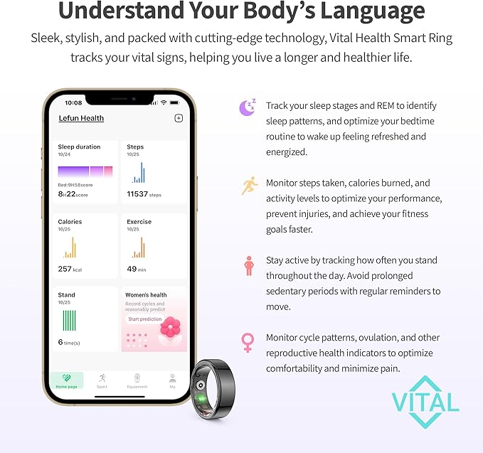 Vital Health Smart Ring for Women Black Vital Health Ring Smart Rings for Men with Fitness Tracking, Sleep Monitor, Activity Tracking, App (Size 8)
