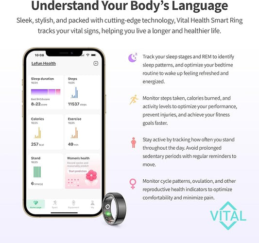Vital Health Smart Ring for Women Black Vital Health Ring Smart Rings for Men with Fitness Tracking, Sleep Monitor, Activity Tracking, App (Size 11).