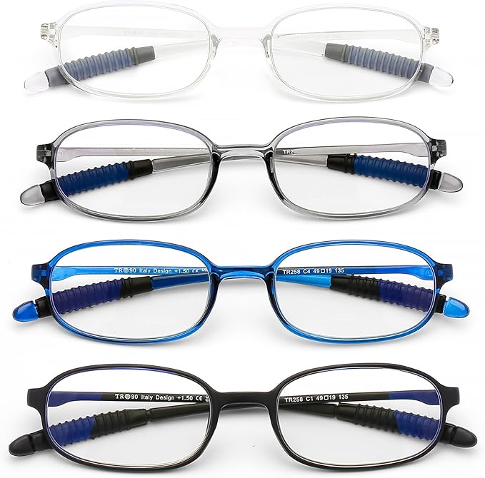 AQWANO 4 Pack Blue Light Blocking Reading Glasses for Men Women, Half Lens Computer Readers, Durable Lightweight TR90 Flexible Frame Eyeglasses Anti Eyestrain (250)