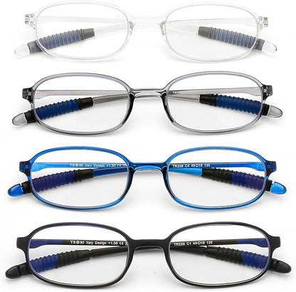 AQWANO 4 Pack Blue Light Blocking Reading Glasses for Men Women, Half Lens Computer Readers, Durable Lightweight TR90 Flexible Frame Eyeglasses Anti Eyestrain (250)