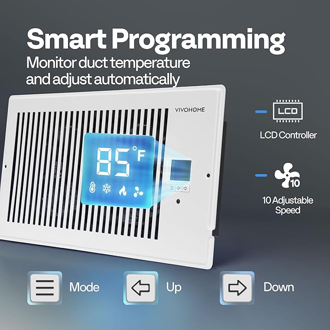 VIVOHOME 6"x12" Opening Smart Vent Register Booster Fan with Intelligent Thermostat & 10-Speed Remote Control - 13.8" x 7.5" Vent Cover for Room, Floor, Wall - White