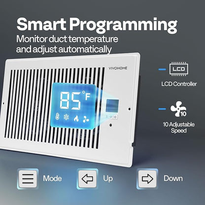 VIVOHOME 6"x12" Opening Smart Vent Register Booster Fan with Intelligent Thermostat & 10-Speed Remote Control - 13.8" x 7.5" Vent Cover for Room, Floor, Wall - White