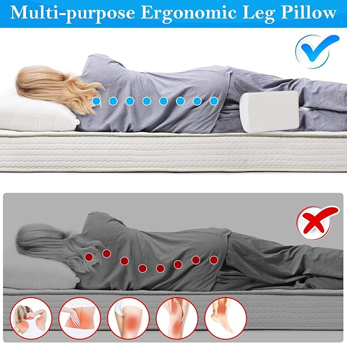 BlissTrends Memory Foam Knee Pillow, Knee Pillow for Side Sleepers, Leg Pillows for Sleeping Blood Circulation, Elevation Pillow for Spine Aligning, Sciatica, Back, Hip, Knee, Ankle Pain, White