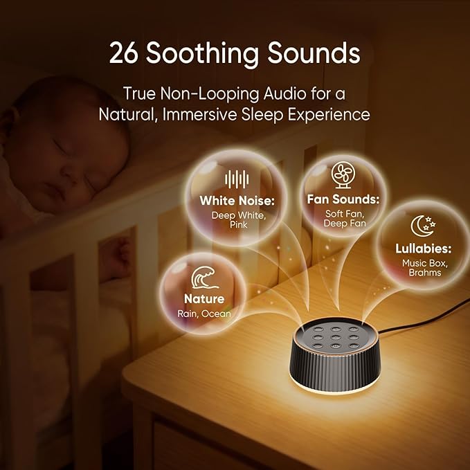 Kipcush White Noise Machine for Sleeping Baby & Adults – 26 Soothing Sounds, 8 Night Light Colors, Tap Control, Memory & Timer, Portable Sound Machine for Nursery, Bedroom & Travel