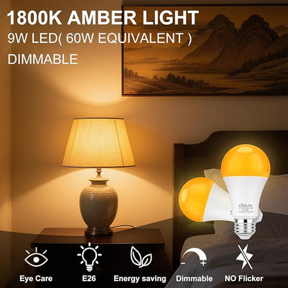 KINUR LED Amber Dimmable Light Bulbs, A19, 9W, 1800K, E26 Base, 60W Equivalent, Amber Soft Light Bulbs Warm Night Light for Bedroom, Sleep, 2 Pack