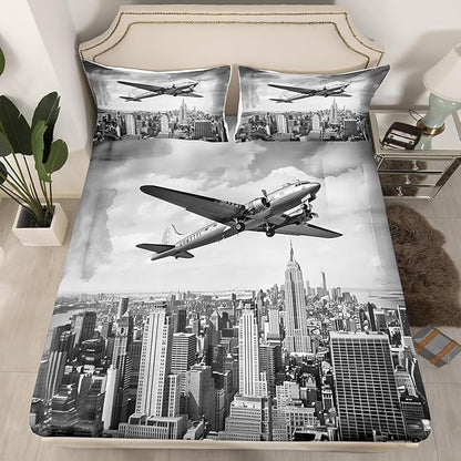 Airplane Kids Fitted Sheet Full Size,Modern Building Fashion Bedding Set,Boys Girls Room Decor,Flying Aircraft Aviation Theme Bed Cover,Grey Retro Bed Sheet,2 Pillowcases