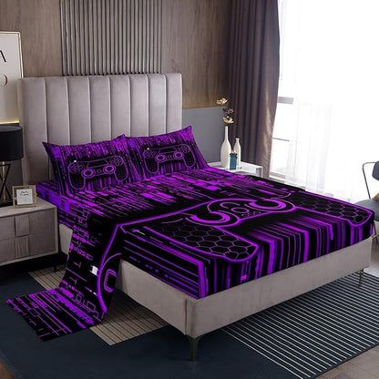 Geometric Gamepad Kids Sheet King Size,Modern Neon Lights Honeycomb Hexagon Bedding Set,Boys Girls Room Decor,Videogames Gaming Controller Purple Bed Sheet Set 4pcs(Fitted + Flat + 2 Pillowcases)
