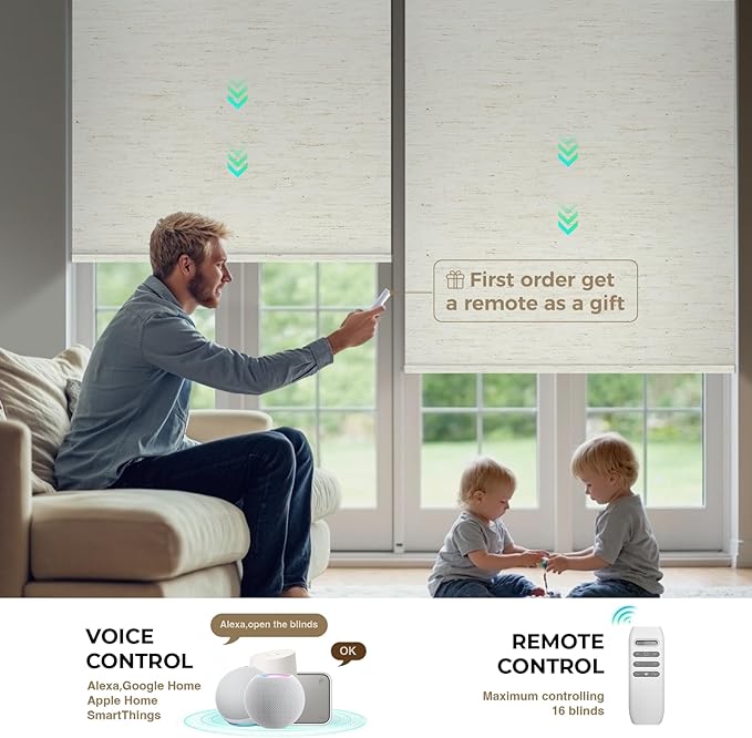 HeyBlinds Motorized Blinds with Remote, 100% Blackout Smart Blinds, Automatic Shades for Windows Compatible with Alexa Google and Homekit, Custom Size(Nature-Oat Milk BO)