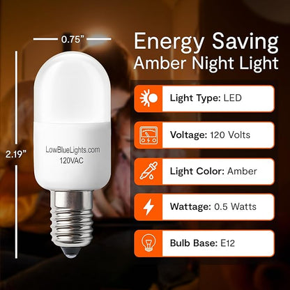 LowBlueLights Amber Night Light Bulb, E12 Candelabra LED (120V, 0.5W) – Blue Light Blocking Night Light Bulb for Sleep, Melatonin-Friendly Amber LED for Bedrooms, Nurseries & Baby Night Lights