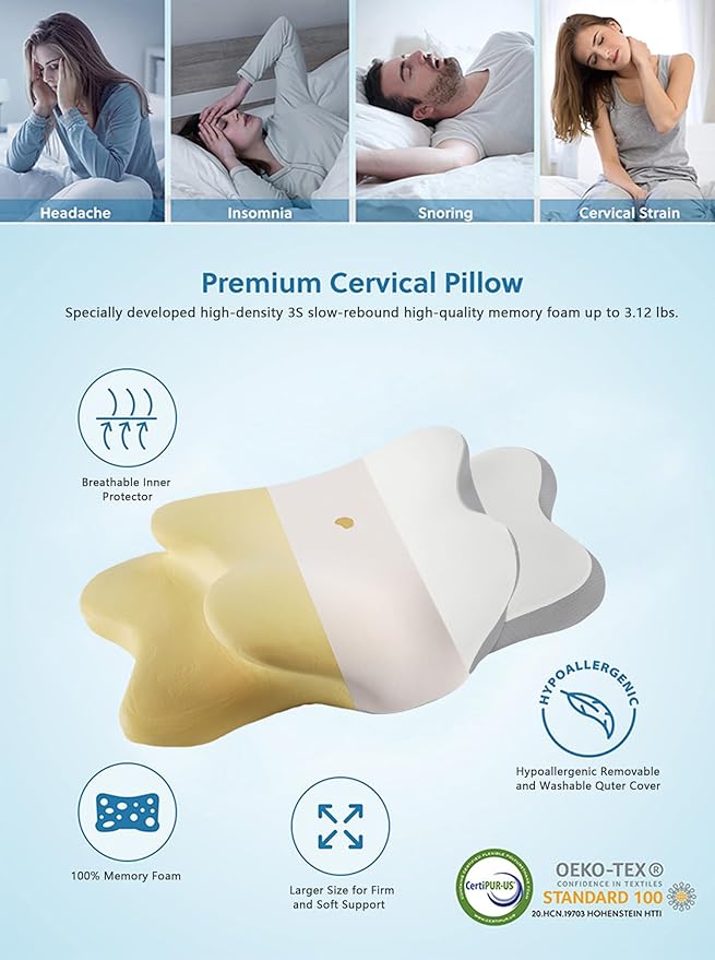 Ergonomic Pillow for Sleep Apnea, Neck Pain, and Snoring Relief | Cervical Neck Pillow for Side Sleepers | Orthopedic Memory Foam with Ergonomic Support, White