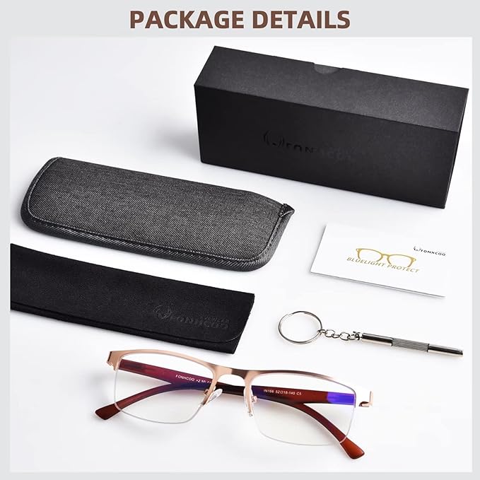 FONHCOO Reading Glasses for Women Men, Blue Light Blocking Reading Glasses Metal Half Frame Computer Readers Anti UV/Glare